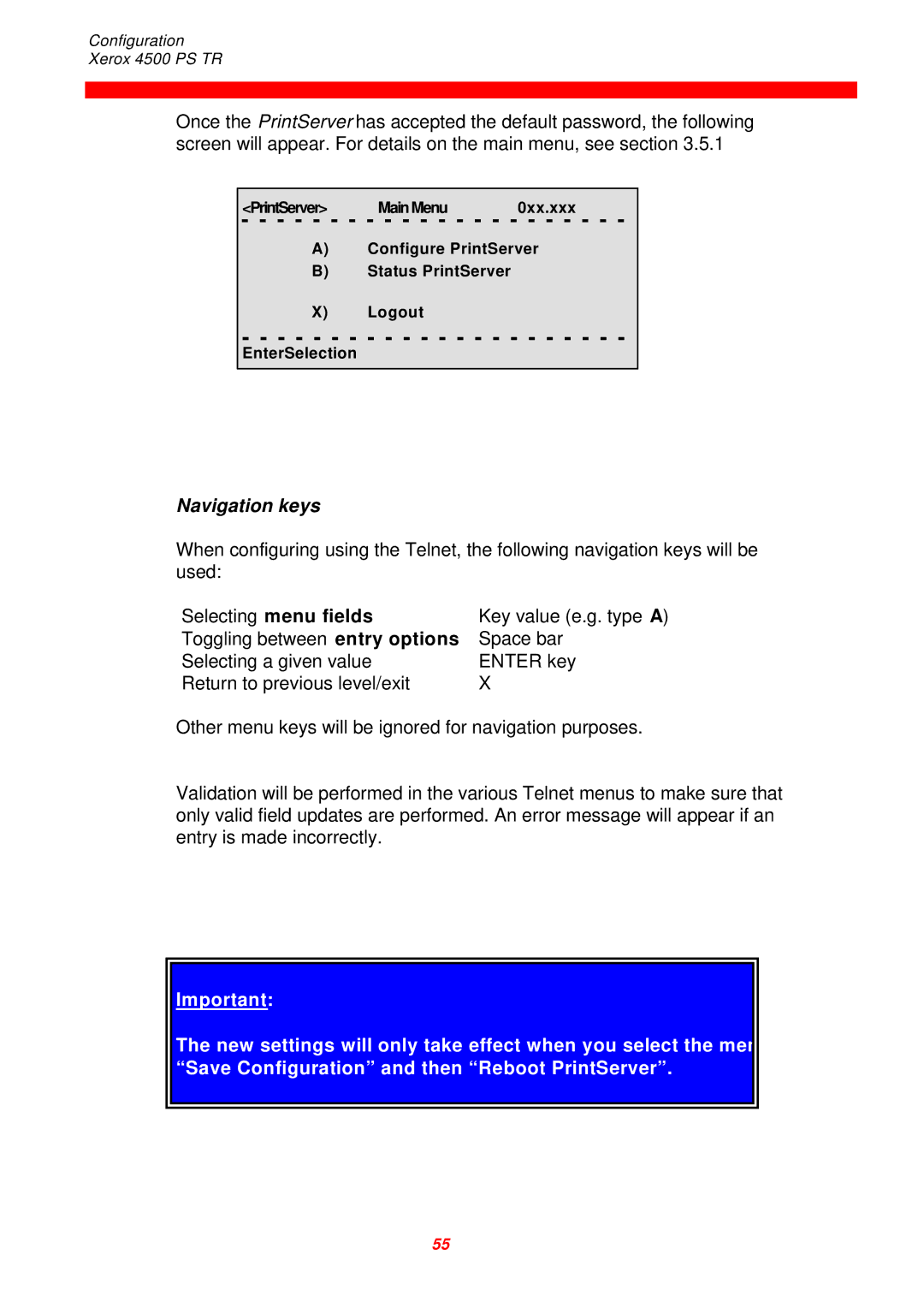 Xerox D60327 instruction manual Navigation keys, Selecting menu fields 