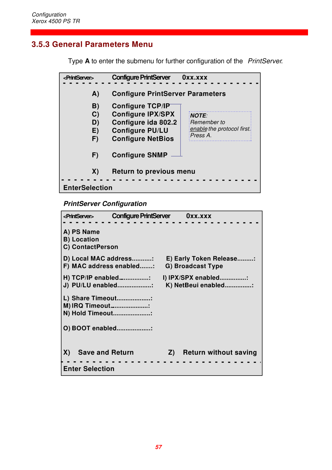 Xerox D60327 General Parameters Menu, Configure Snmp Return to previous menu EnterSelection, PrintServer Configuration 