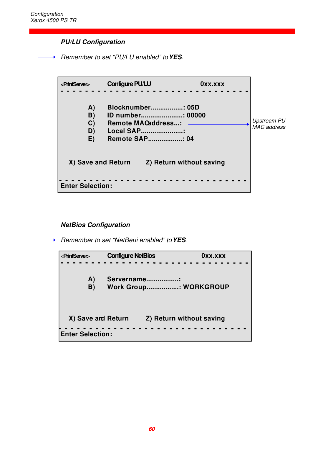 Xerox D60327 instruction manual PU/LU Configuration, ConfigurePU/LU 0xx.xxx, 05D, NetBios Configuration, Workgroup 