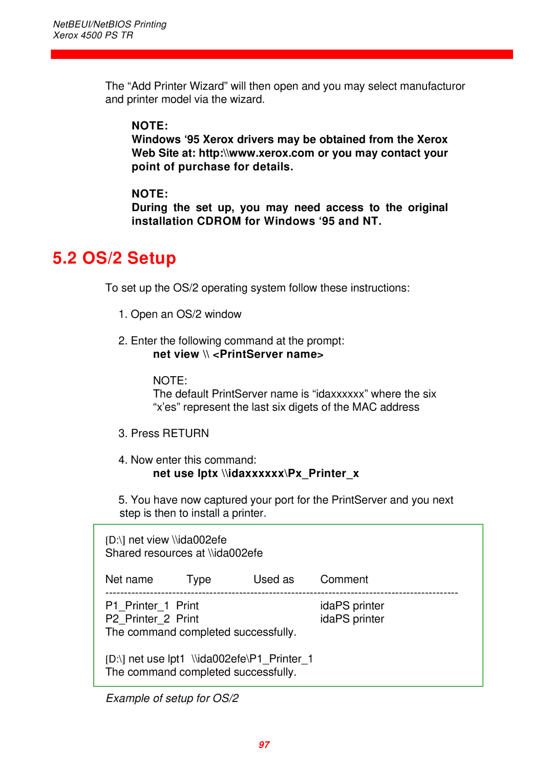 Xerox D60327 instruction manual OS/2 Setup, Net use lptx \\idaxxxxxx\PxPrinterx 