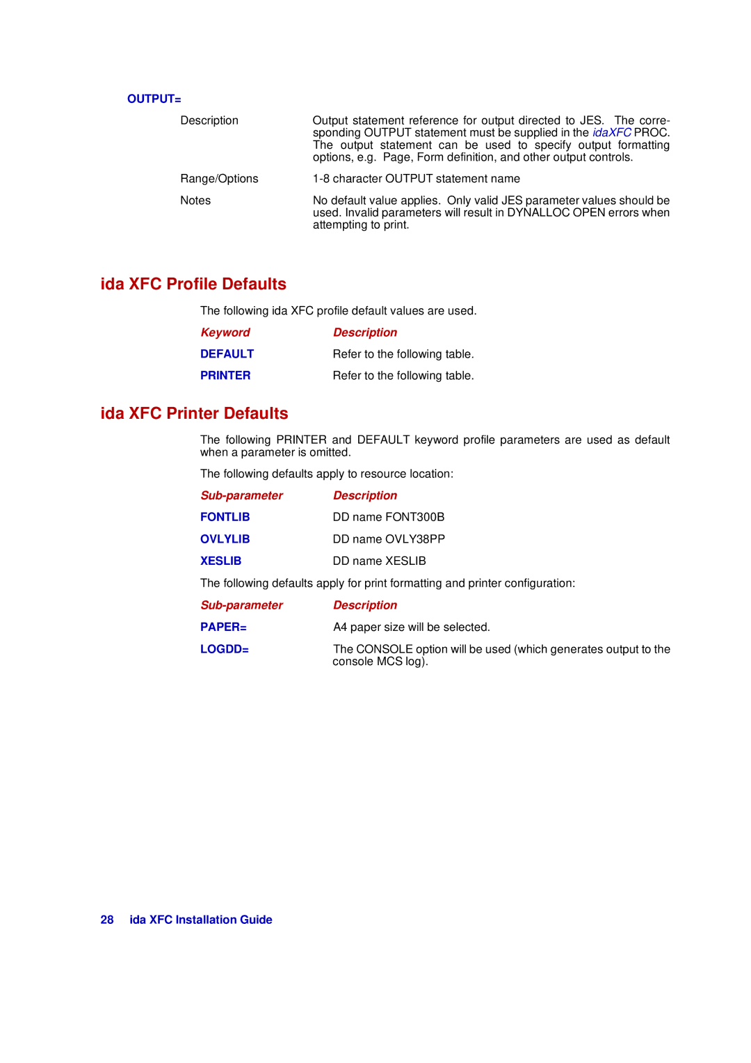 Xerox D63-069-00 manual Ida XFC Profile Defaults, Ida XFC Printer Defaults 