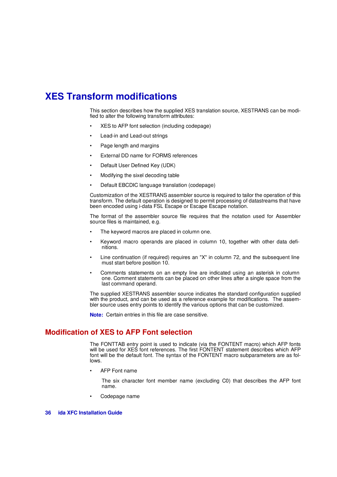 Xerox D63-069-00 manual XES Transform modifications, Modification of XES to AFP Font selection 