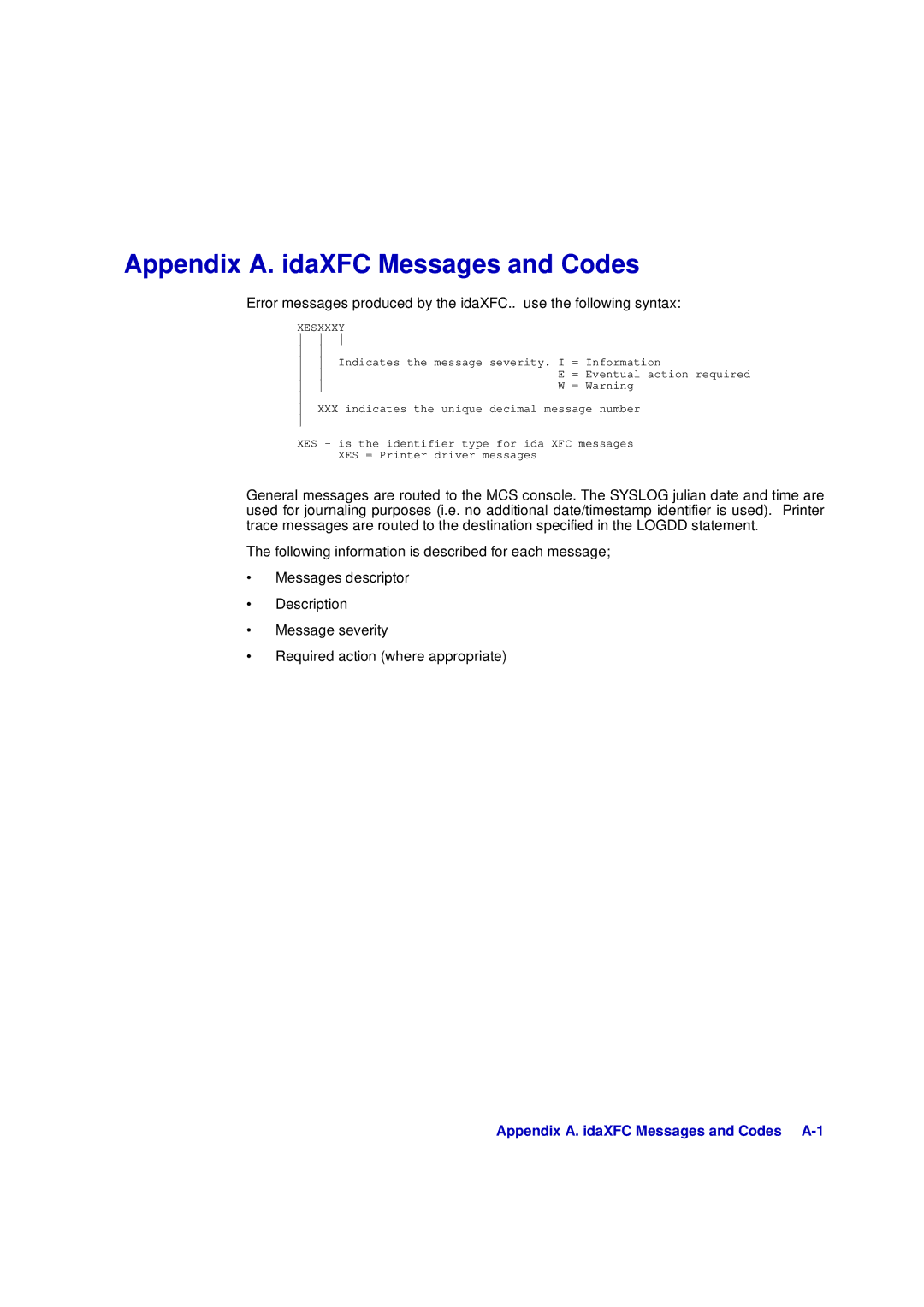 Xerox D63-069-00 manual Appendix A. idaXFC Messages and Codes A-1 