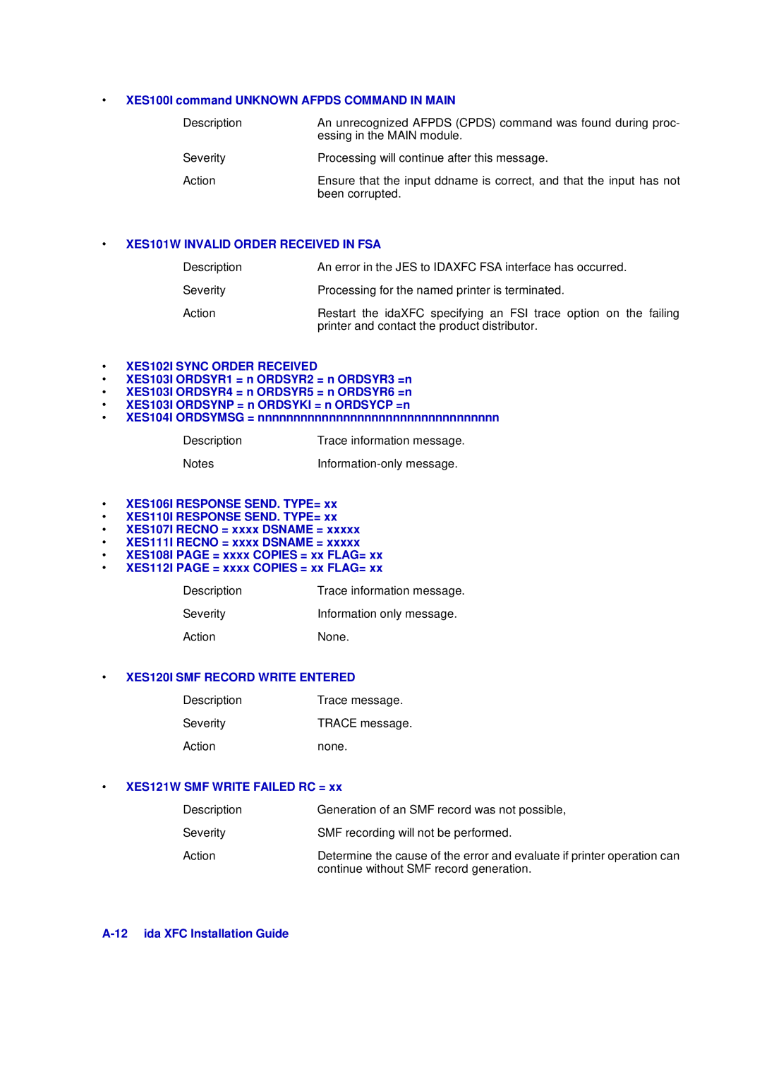 Xerox D63-069-00 manual XES100I command Unknown Afpds Command in Main, XES101W Invalid Order Received in FSA 