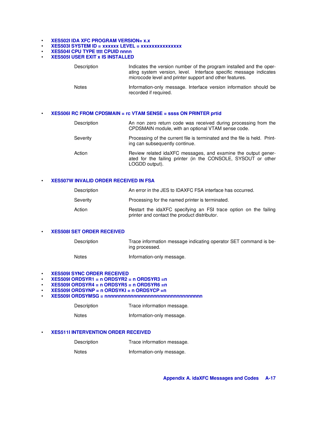 Xerox D63-069-00 manual XES507W Invalid Order Received in FSA, XES508I SET Order Received, XES509I Sync Order Received 