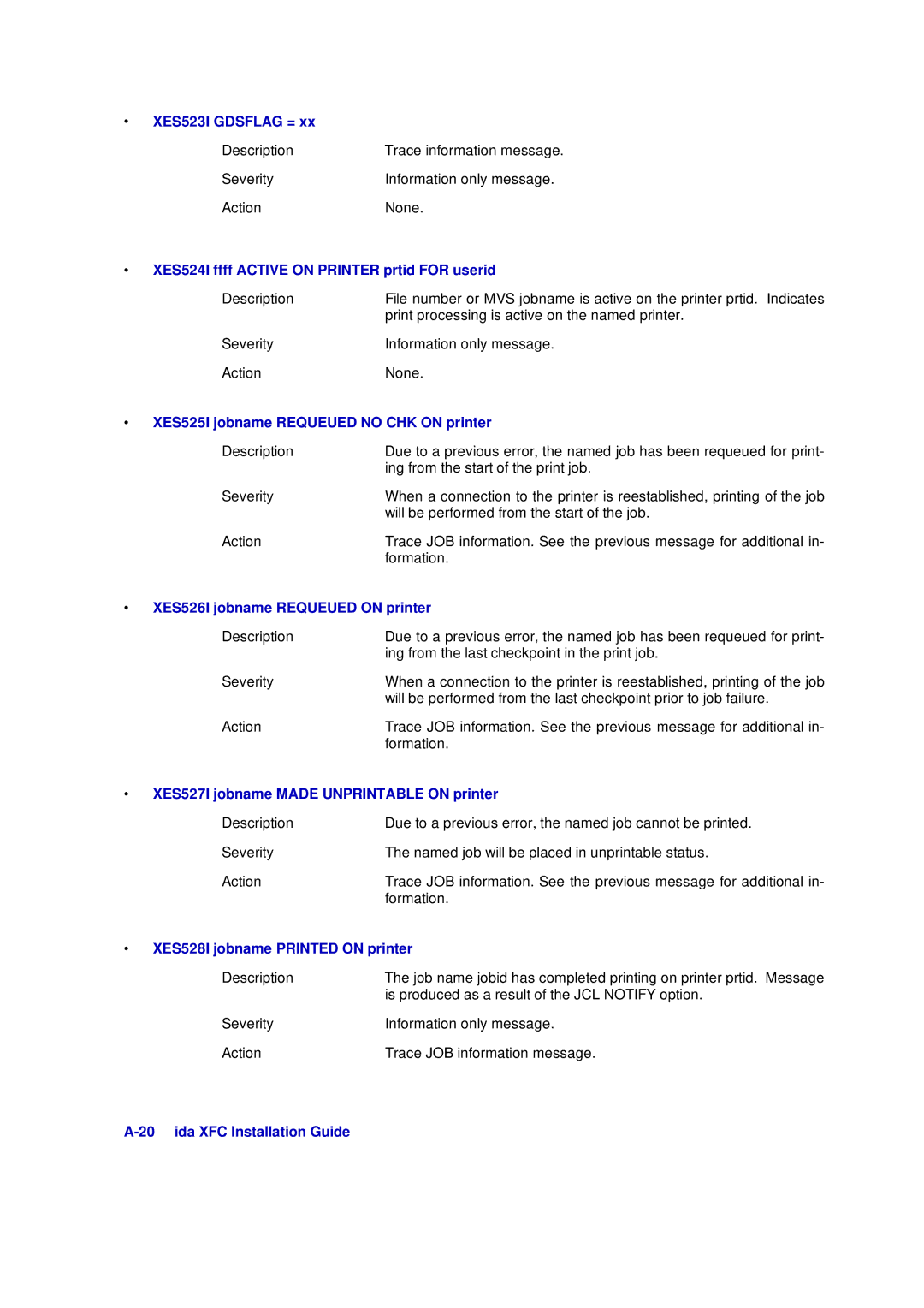 Xerox D63-069-00 XES523I Gdsflag =, XES524I ffff Active on Printer prtid for userid, XES526I jobname Requeued on printer 