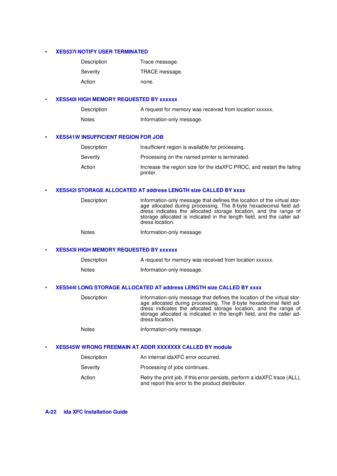 Xerox D63-069-00 manual XES537I Notify User Terminated, XES541W Insufficient Region for JOB 