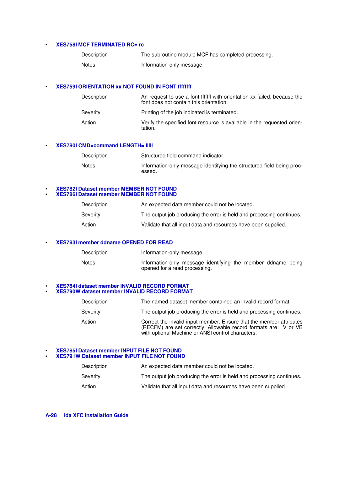 Xerox D63-069-00 manual XES758I MCF Terminated RC= rc, XES759I Orientation xx not Found in Font ffffffff 