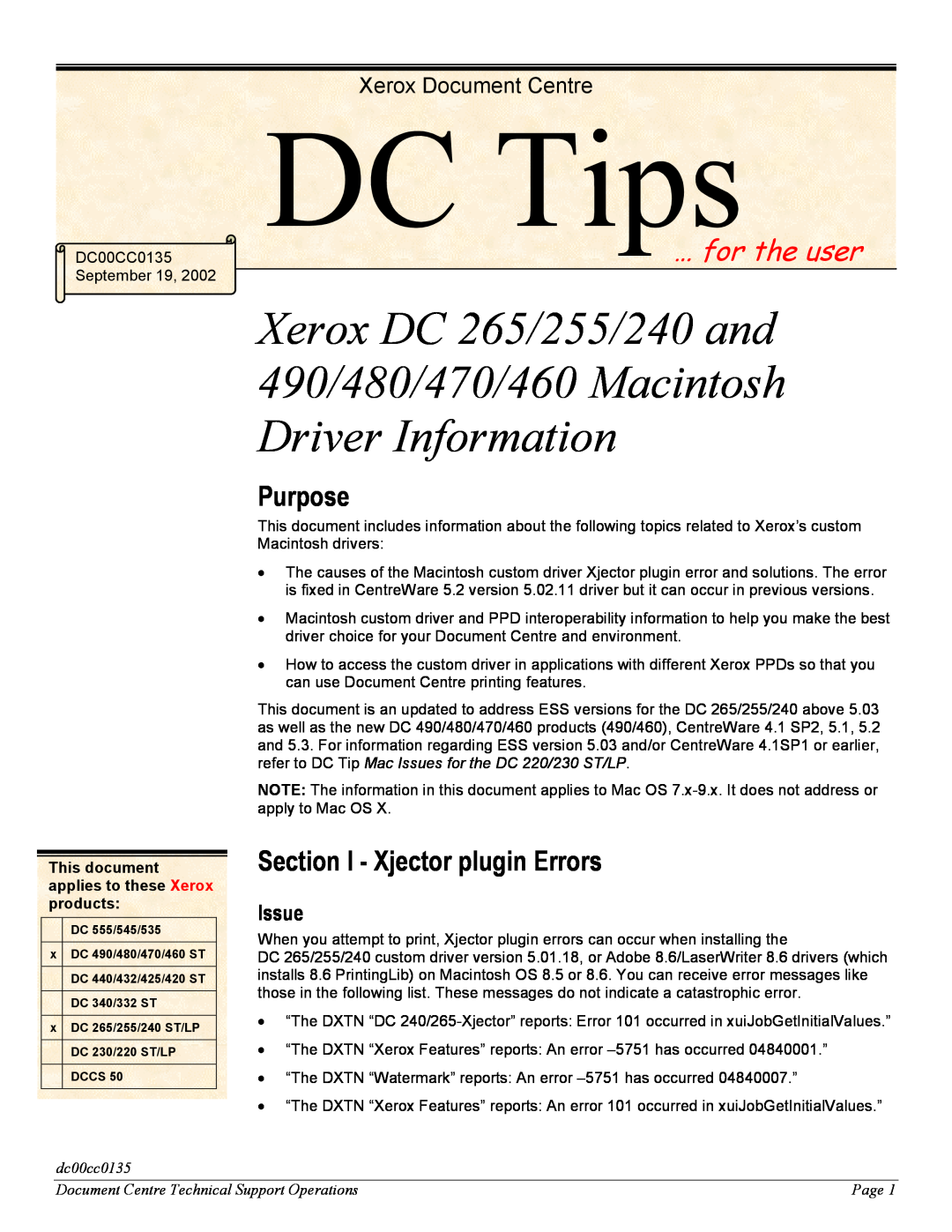 Xerox manual Purpose, Section I - Xjector plugin Errors, Issue, dc00cc0135, Page, Xerox DC 265/255/240 and 