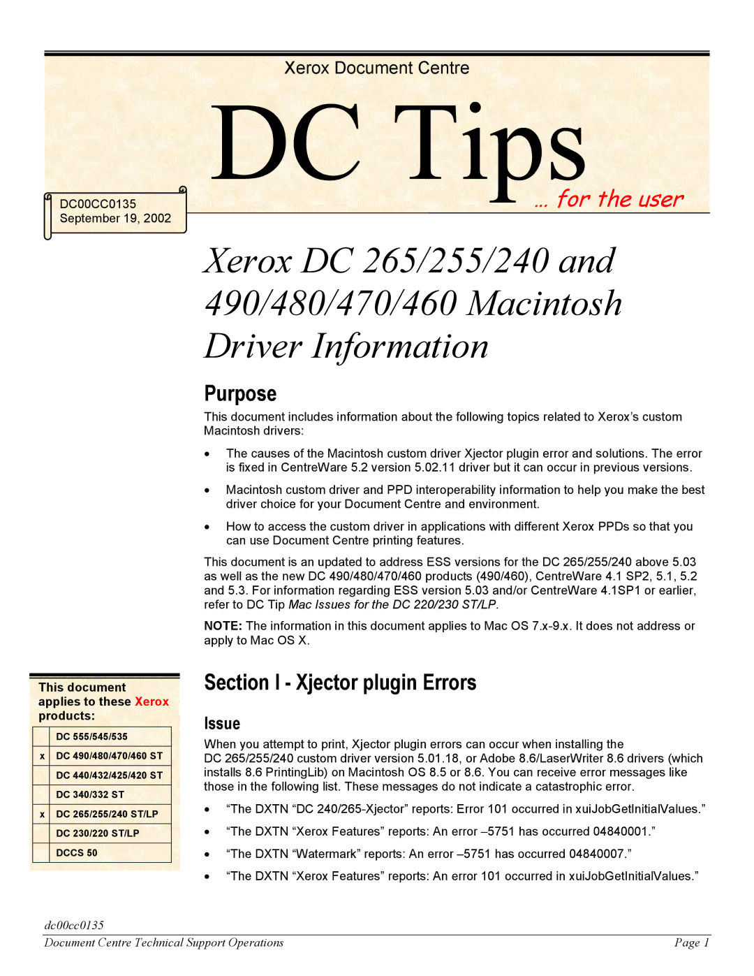 Xerox DC 265/255/240 manual Purpose, Section I Xjector plugin Errors, Issue, This document applies to these Xerox products 