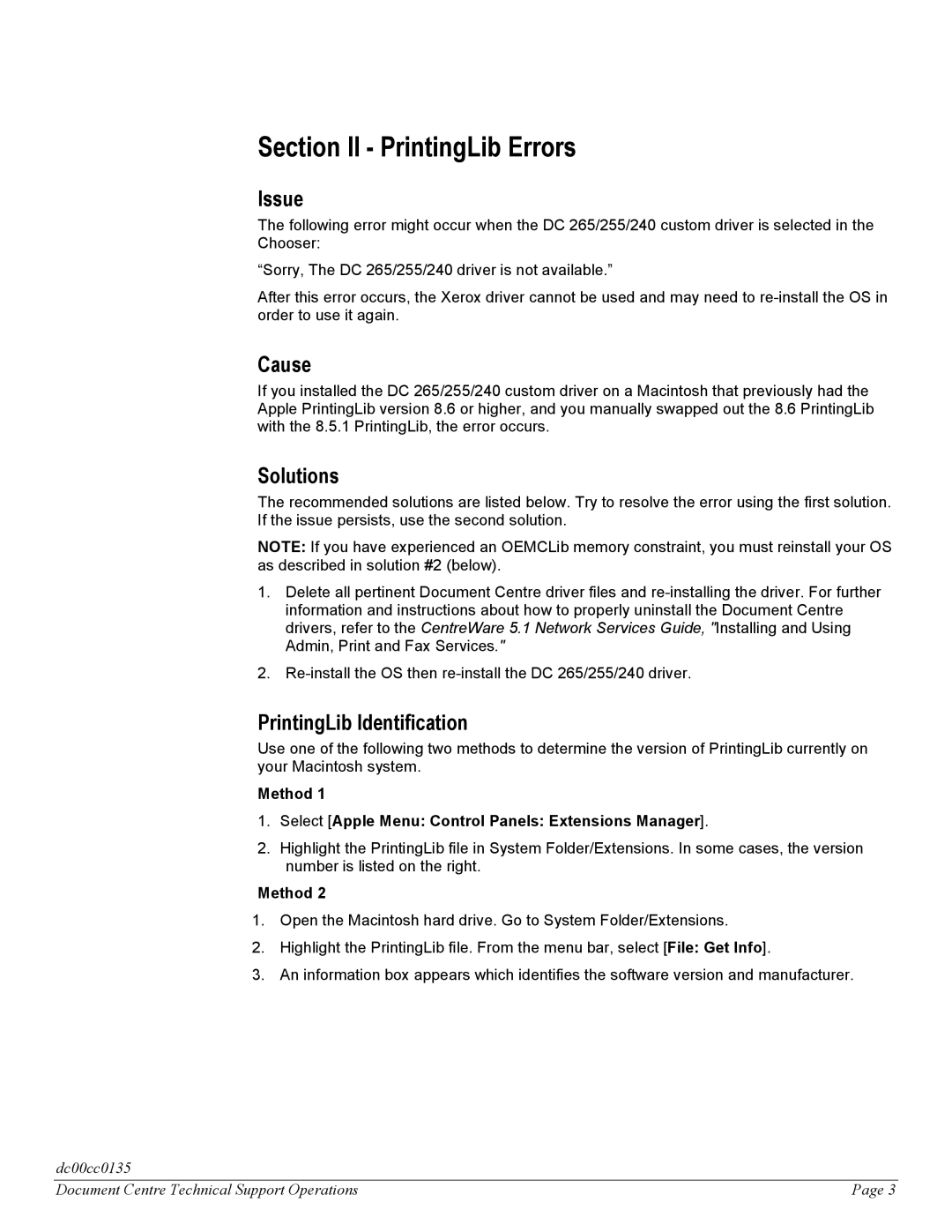 Xerox DC 265/255/240 manual Section II PrintingLib Errors, Solutions, PrintingLib Identification, Method 