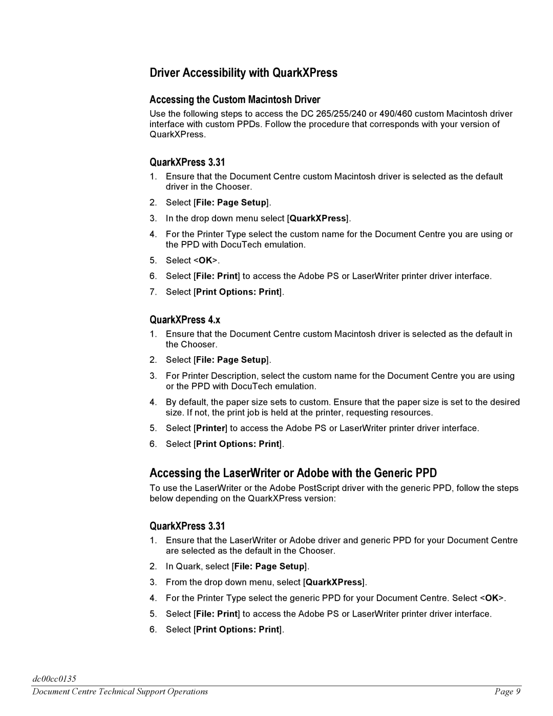 Xerox DC 265/255/240 manual Driver Accessibility with QuarkXPress, Accessing the LaserWriter or Adobe with the Generic PPD 