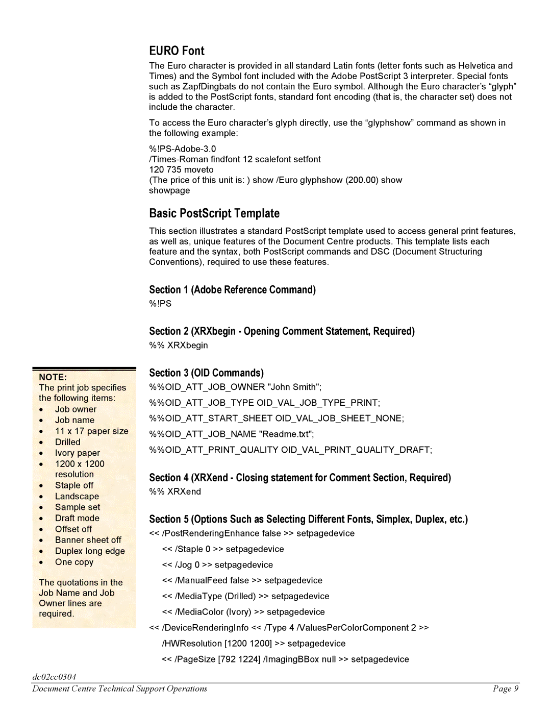 Xerox DC 545, DC 535, DC 555 manual Euro Font, Basic PostScript Template 