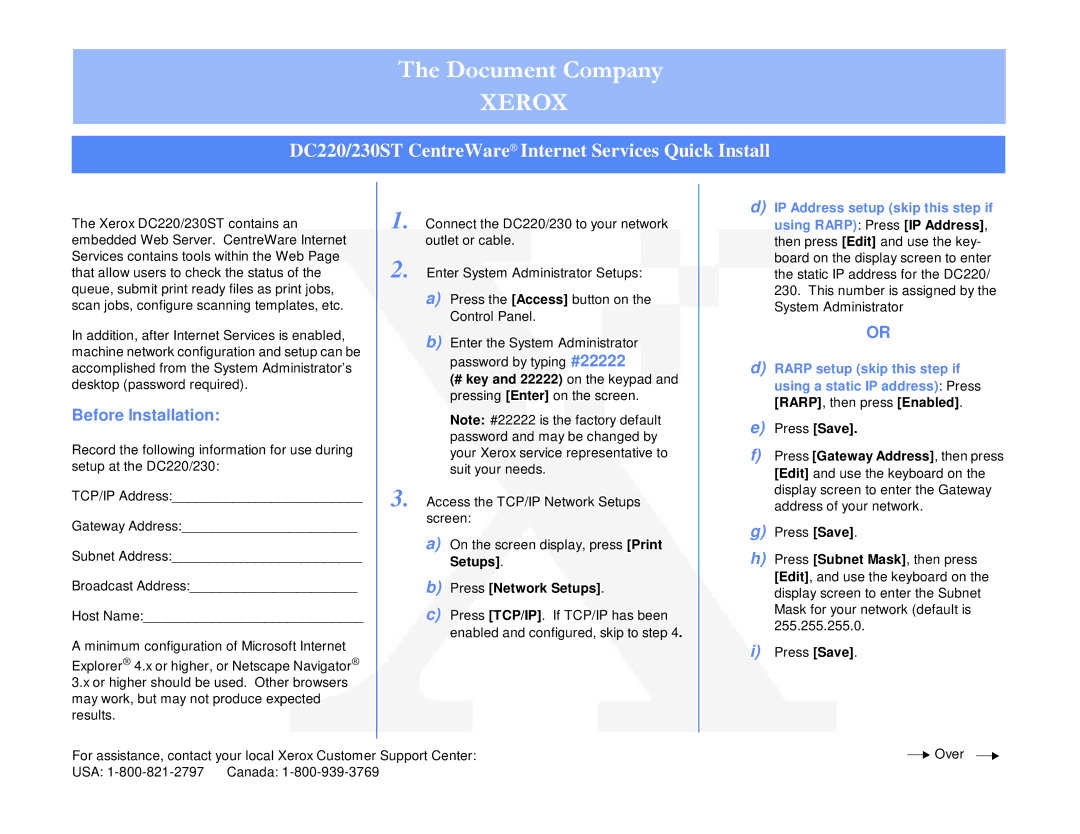 Xerox DC230ST manual Xerox, DC220/230ST CentreWare Internet Services Quick Install, Before Installation 