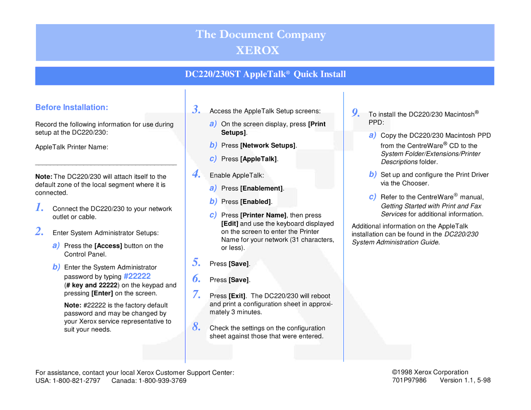 Xerox manual Xerox, DC220/230ST AppleTalk Quick Install, Before Installation, Press Network Setups Press AppleTalk 