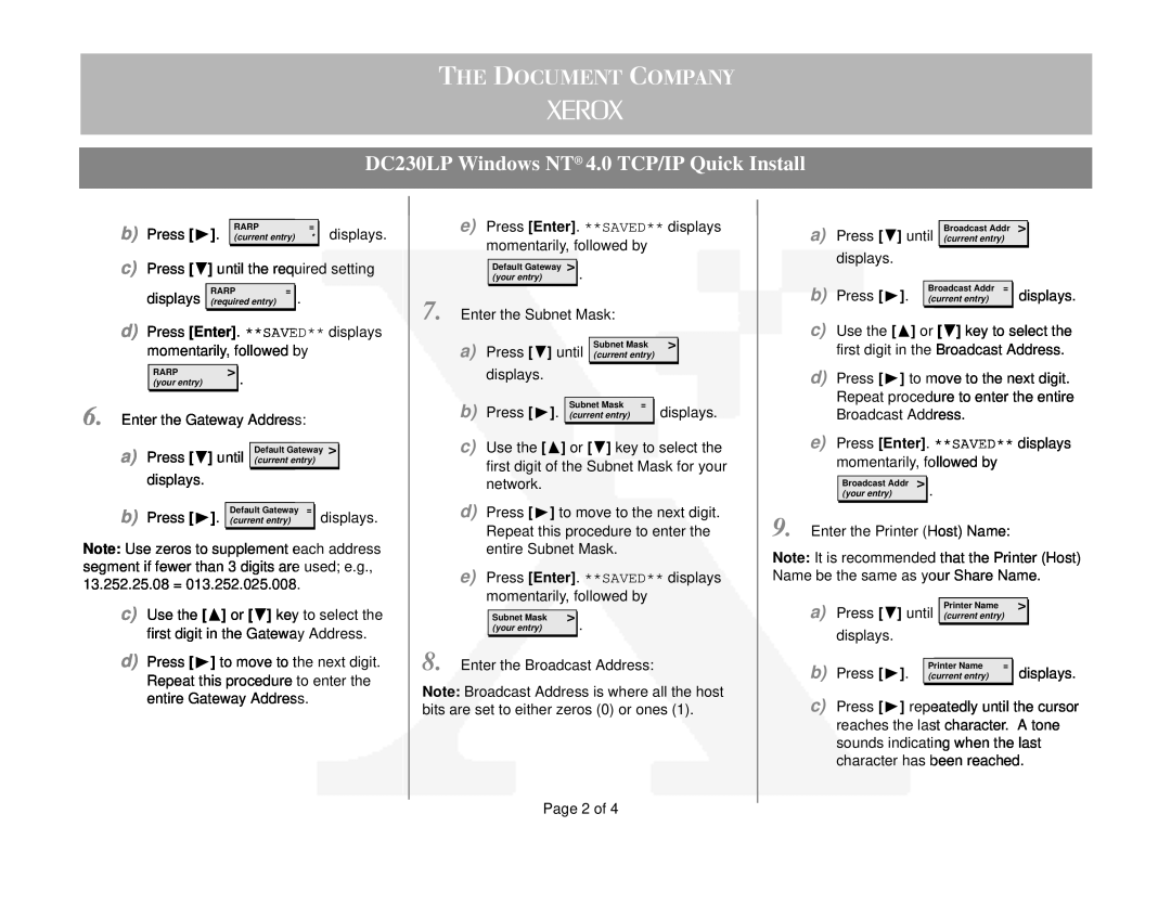 Xerox manual b Press, Press until, 7+2&8017&203$1, DC230LP Windows NT 4.0 TCP/IP Quick Install, displays 