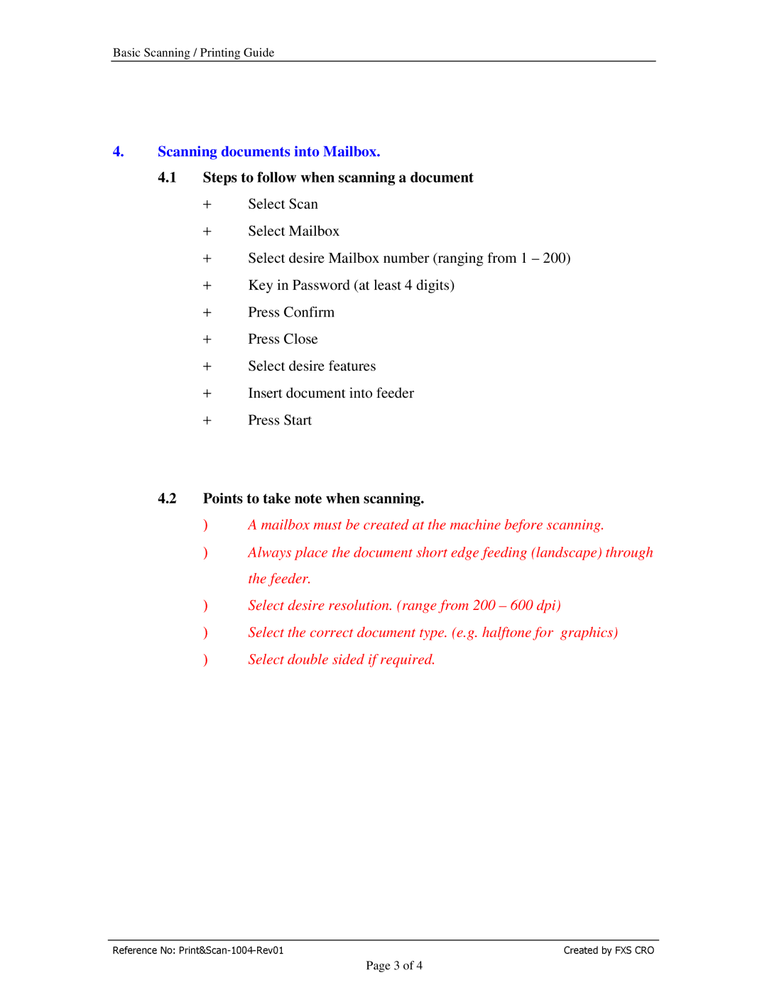 Xerox DCC320 Scanning documents into Mailbox, Steps to follow when scanning a document, Points to take note when scanning 