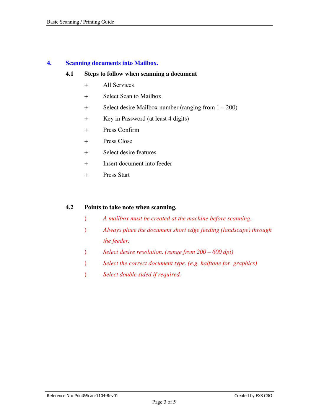 Xerox DCC250 Scanning documents into Mailbox, Steps to follow when scanning a document, Points to take note when scanning 