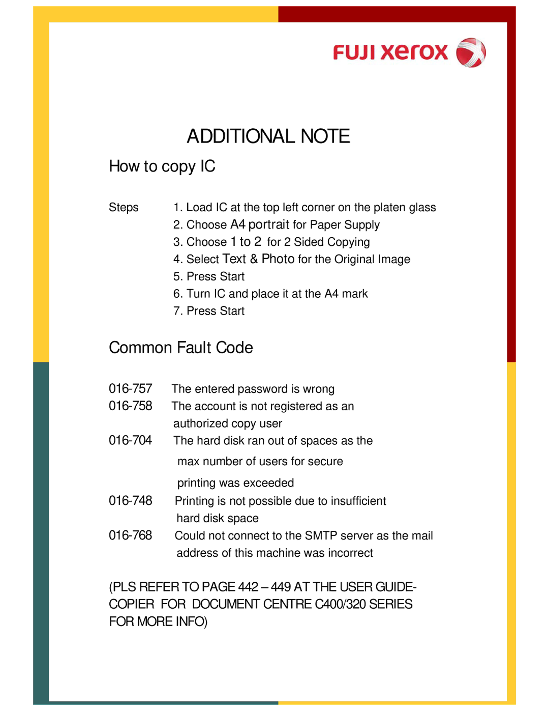 Xerox 320, DCC400 manual Additional Note, How to copy IC, Common Fault Code 