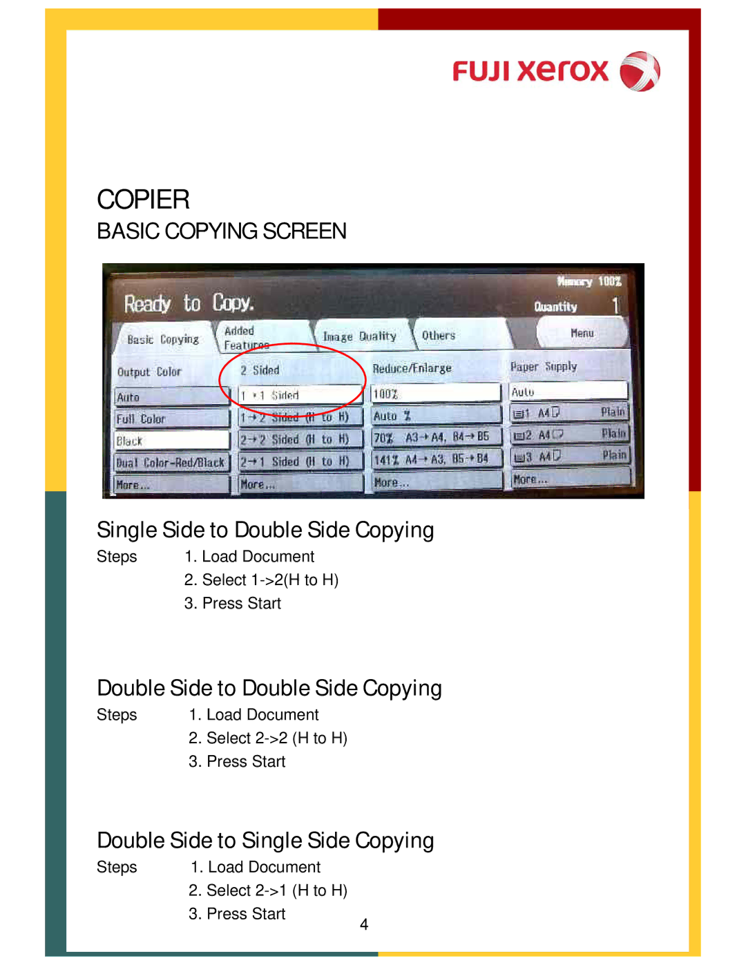 Xerox 320, DCC400 Copier, Basic Copying Screen, Single Side to Double Side Copying, Double Side to Double Side Copying 