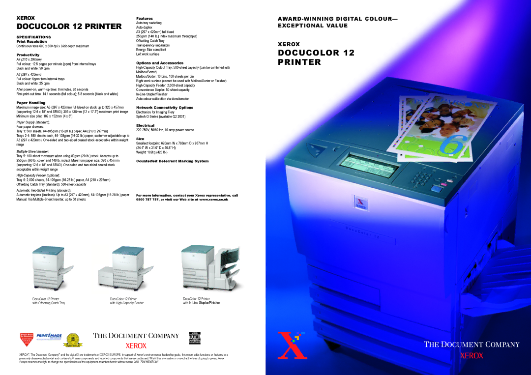 Xerox DocuColor 12 specifications Print Resolution, Productivity, Paper Handling, Features, Options and Accessories, Size 