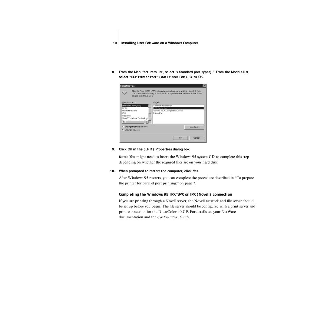 Xerox DocuColor 40CP manual Completing the Windows 95 IPX/SPX or IPX Novell connection 