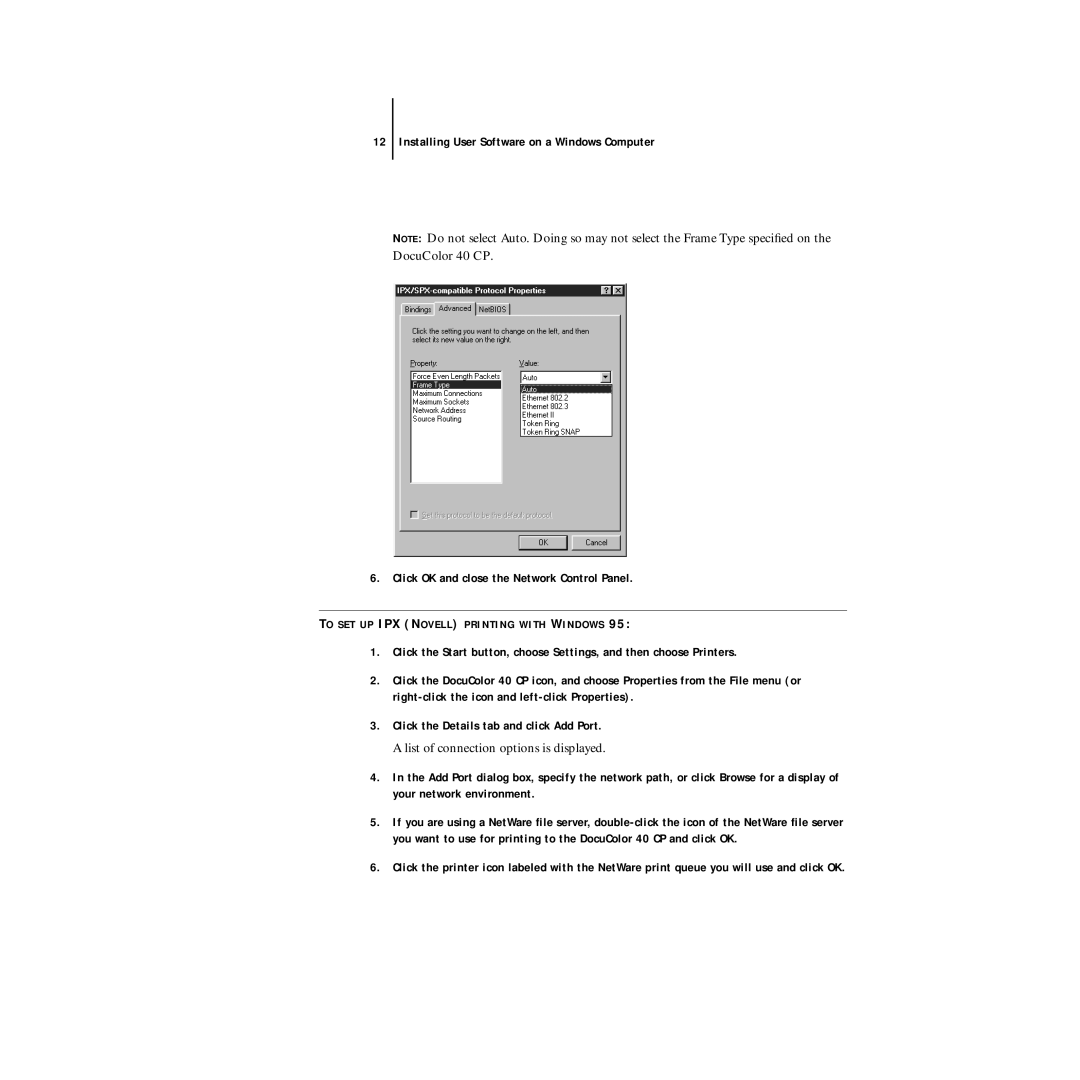 Xerox DocuColor 40CP manual List of connection options is displayed 