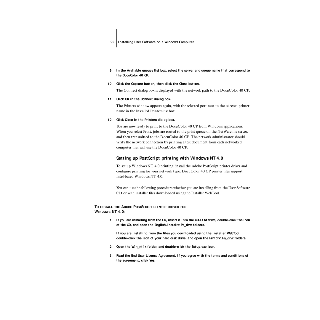 Xerox DocuColor 40CP manual Setting up PostScript printing with Windows NT 