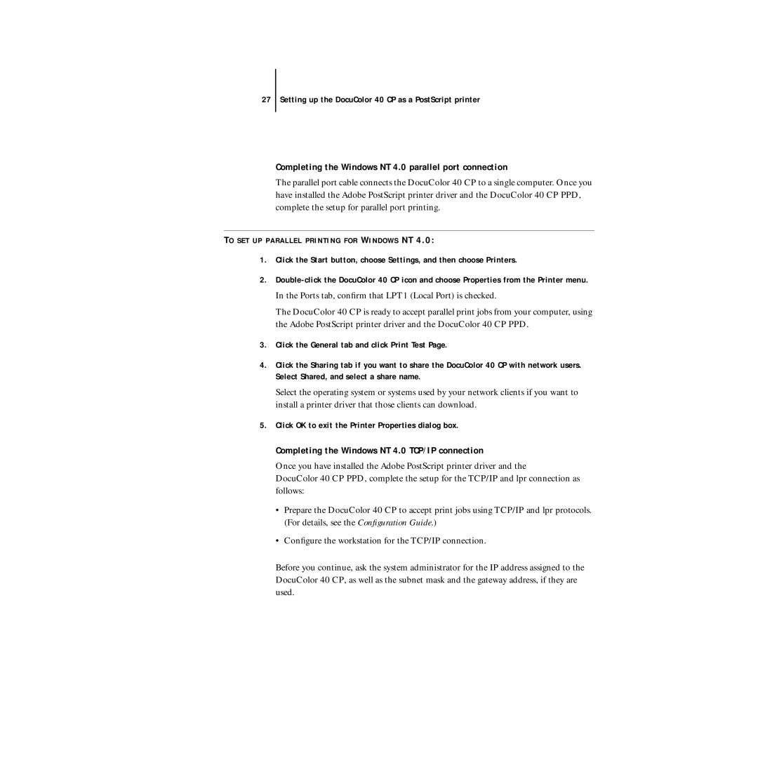 Xerox DocuColor 40CP manual Completing the Windows NT 4.0 parallel port connection 