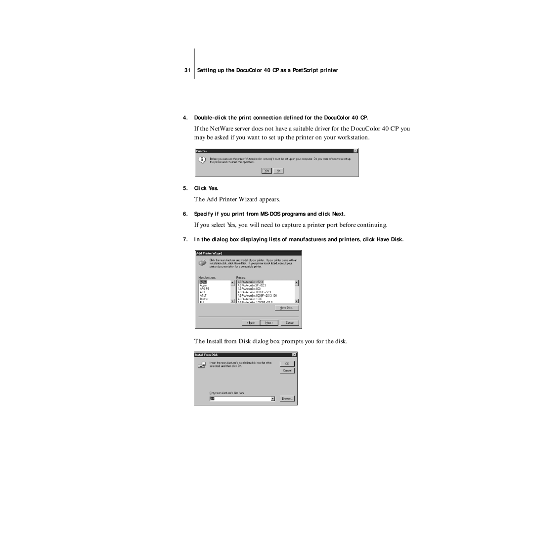 Xerox DocuColor 40CP manual Add Printer Wizard appears, Install from Disk dialog box prompts you for the disk 