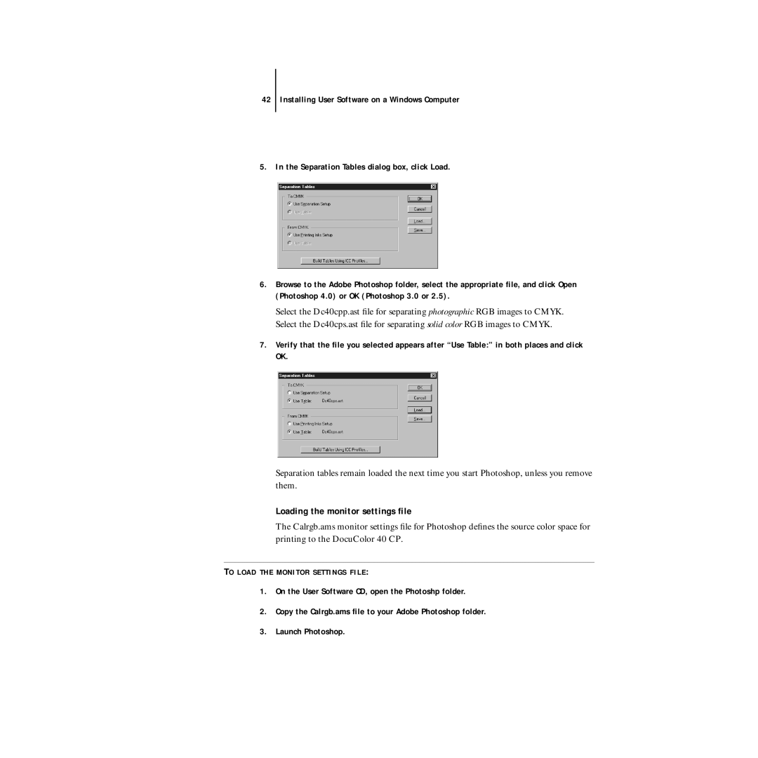 Xerox DocuColor 40CP manual Loading the monitor settings ﬁle 