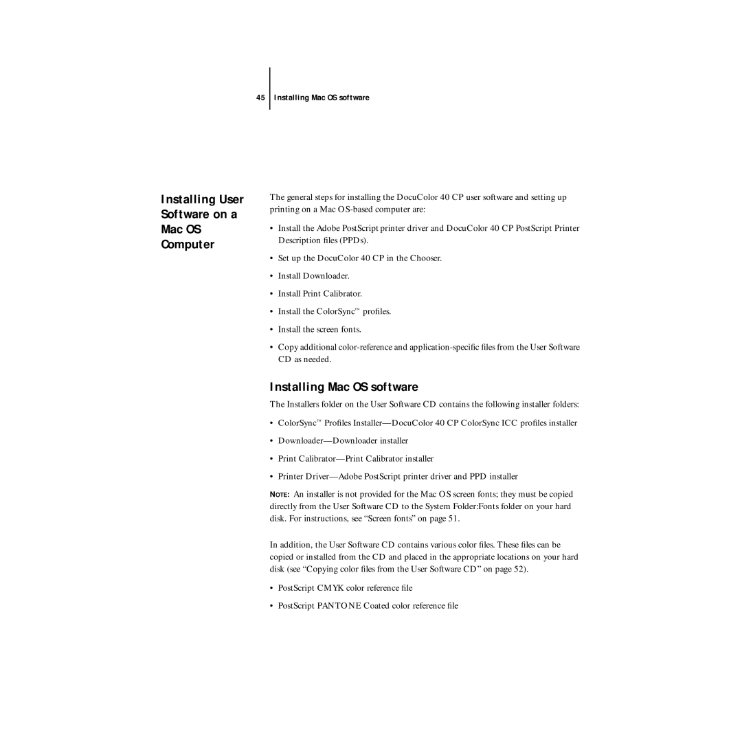 Xerox DocuColor 40CP manual Installing Mac OS software, Installing User Software on a Mac OS Computer 