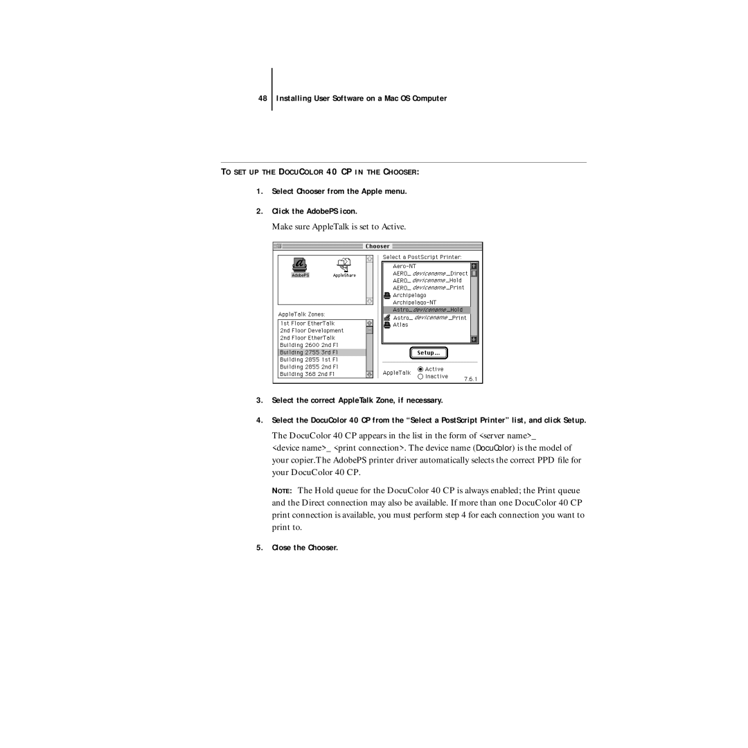 Xerox DocuColor 40CP manual Make sure AppleTalk is set to Active 