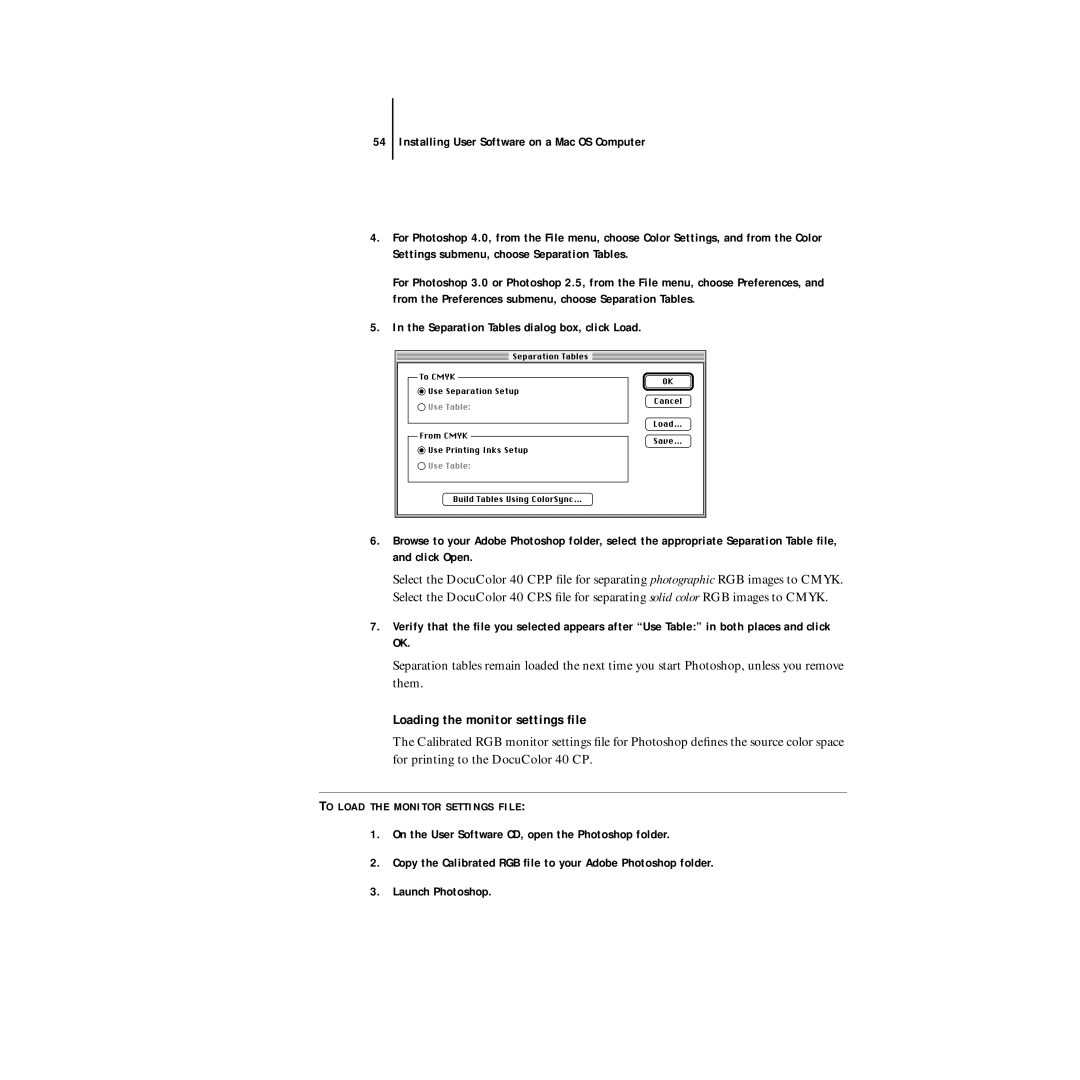 Xerox DocuColor 40CP manual Loading the monitor settings ﬁle 