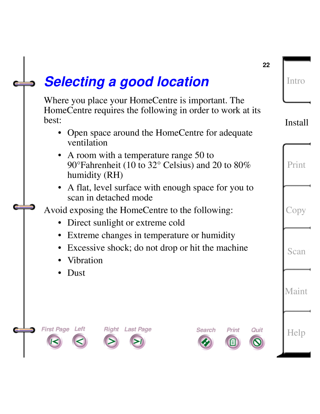 Xerox Document HomeCentre manual Selecting a good location, Intro, Print Copy Scan Maint, Help 
