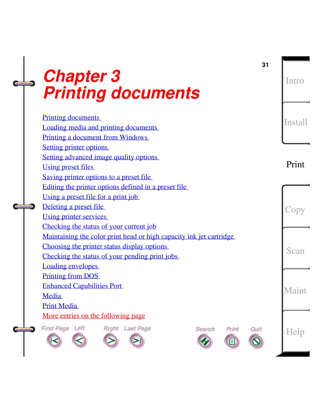 Xerox Document HomeCentre manual Chapter Printing documents, Intro Install, Copy Scan Maint, Help, Setting printer options 