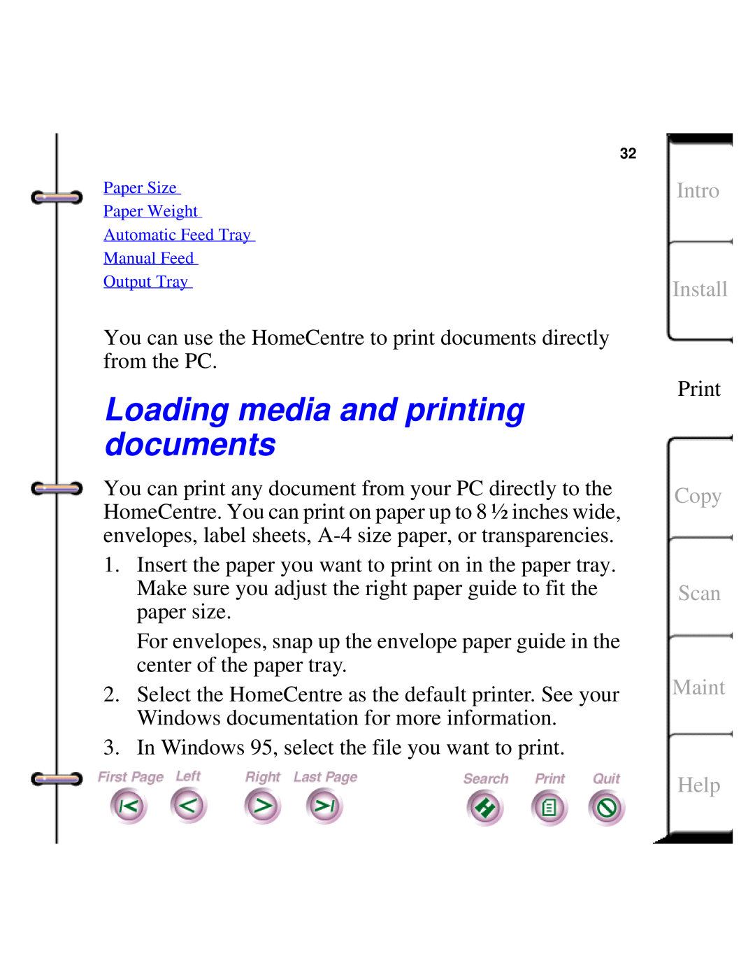 Xerox Document HomeCentre manual Loading media and printing documents, Copy Scan Maint Help, Intro Install 