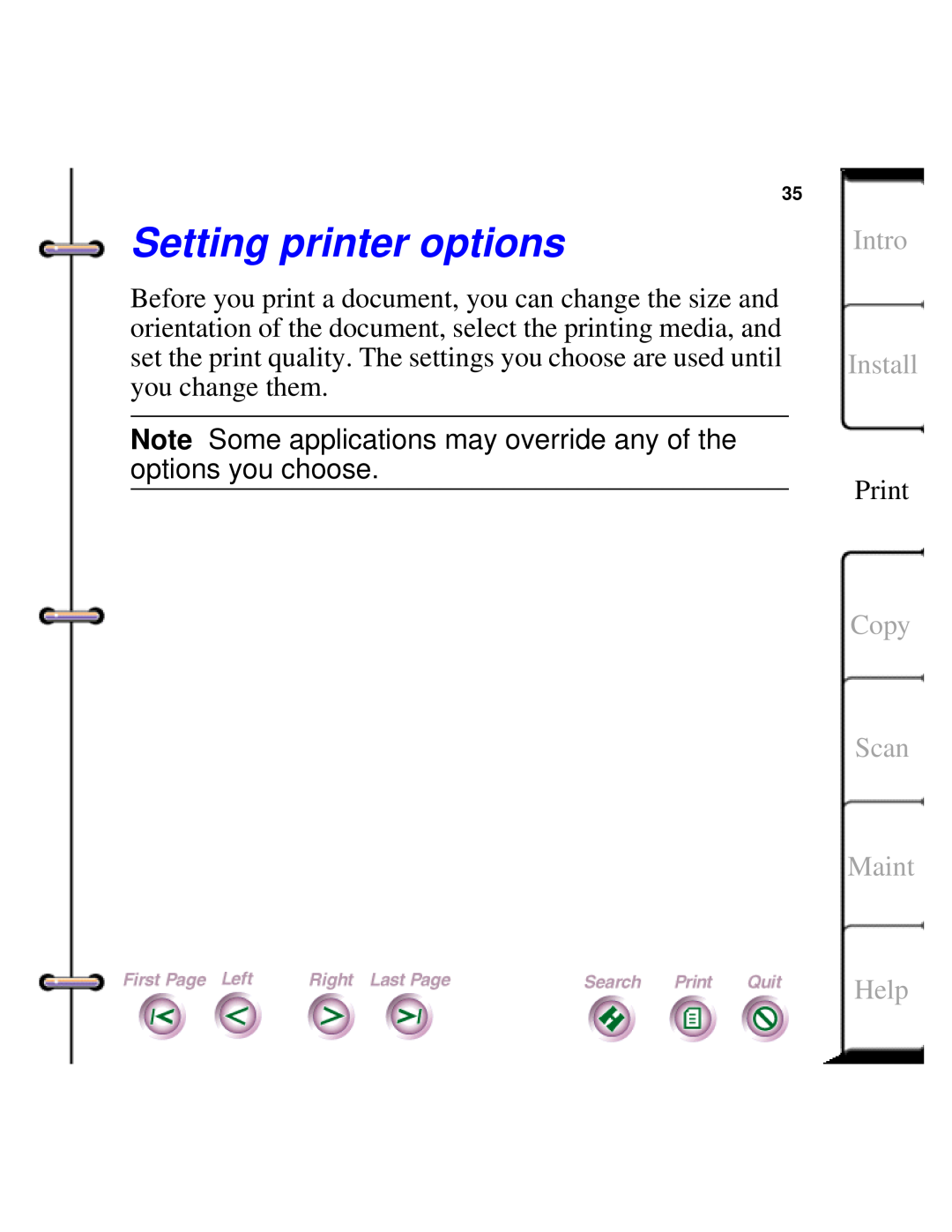 Xerox Document HomeCentre manual Setting printer options, Intro Install, Print, Copy Scan Maint, Help 