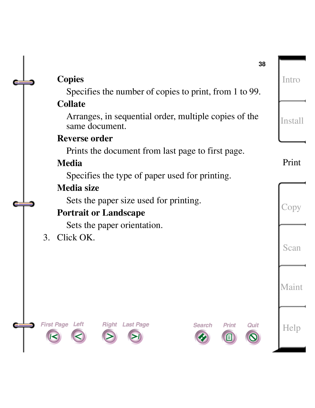 Xerox Document HomeCentre Copies, Collate, Reverse order, Prints the document from last page to first page, Media, Help 