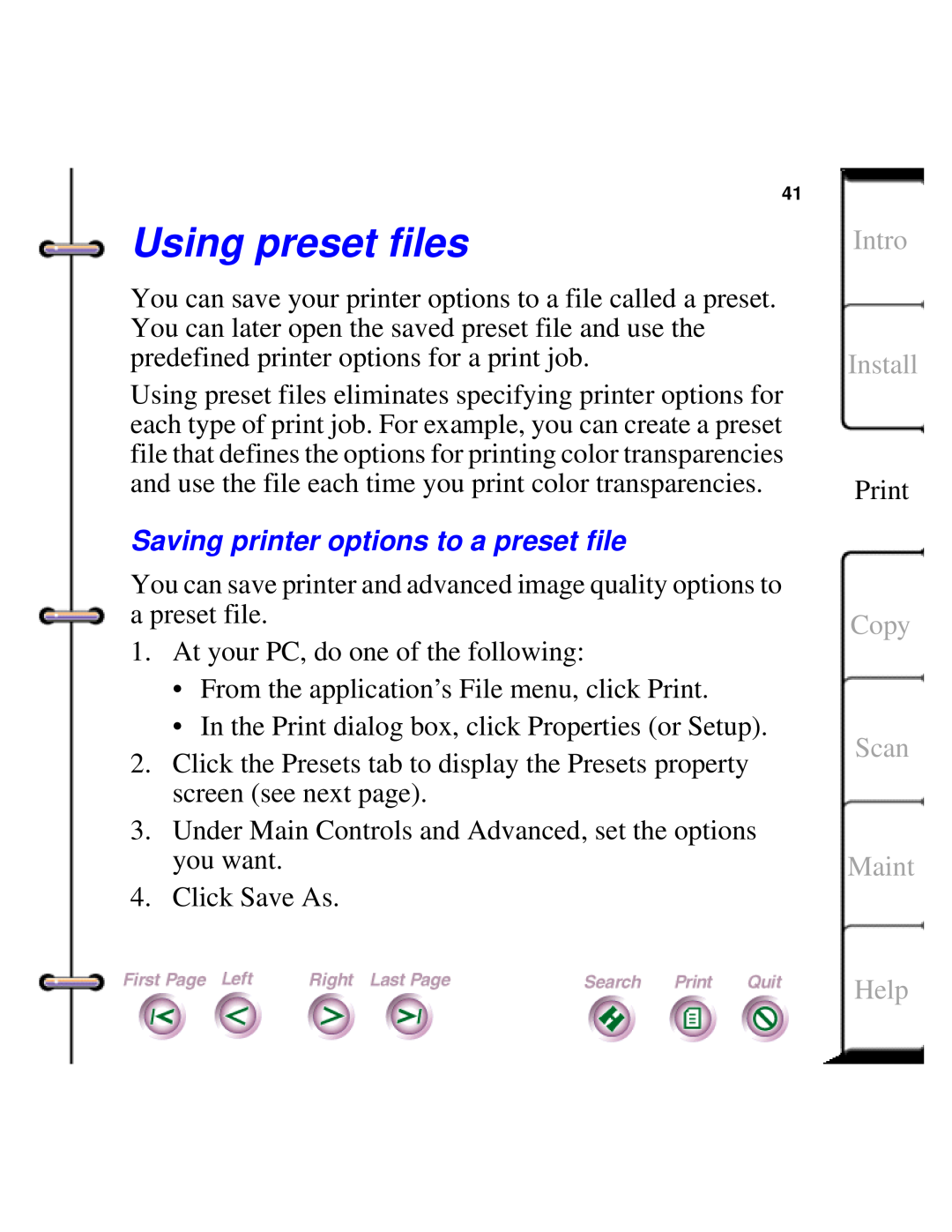 Xerox Document HomeCentre Using preset files, Saving printer options to a preset file, Intro, Install, Copy, Scan, Maint 