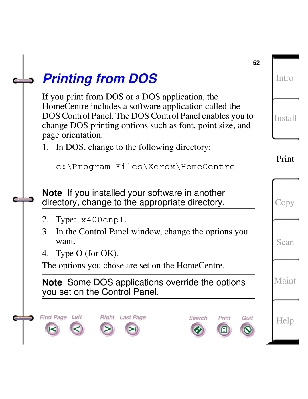 Xerox Document HomeCentre manual Printing from DOS, Intro Install, Copy Scan Maint, Help 
