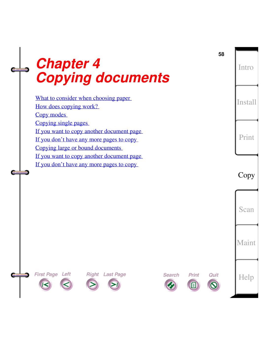Xerox Document HomeCentre manual Chapter Copying documents, Intro Install Print, Scan Maint, Help 