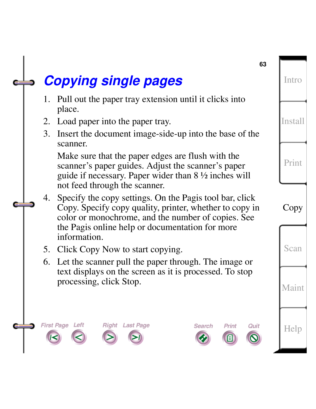 Xerox Document HomeCentre manual Copying single pages, Intro, Install Print, Scan Maint, Help 