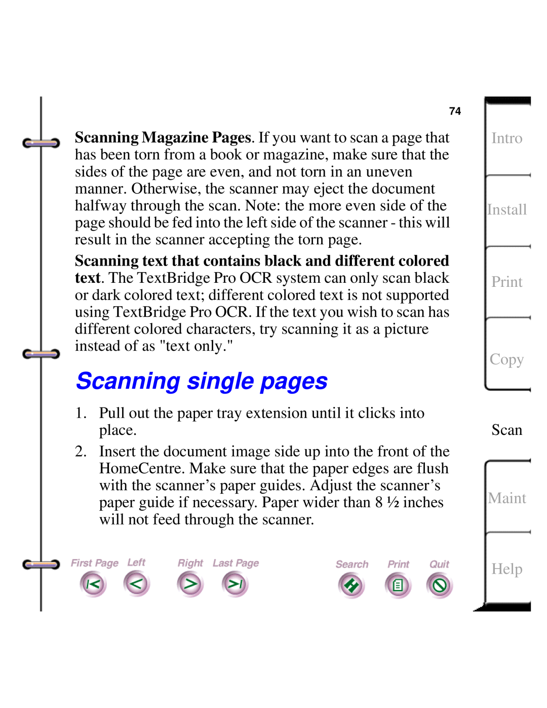 Xerox Document HomeCentre manual Scanning single pages, Intro Install Print Copy, Maint, Help 