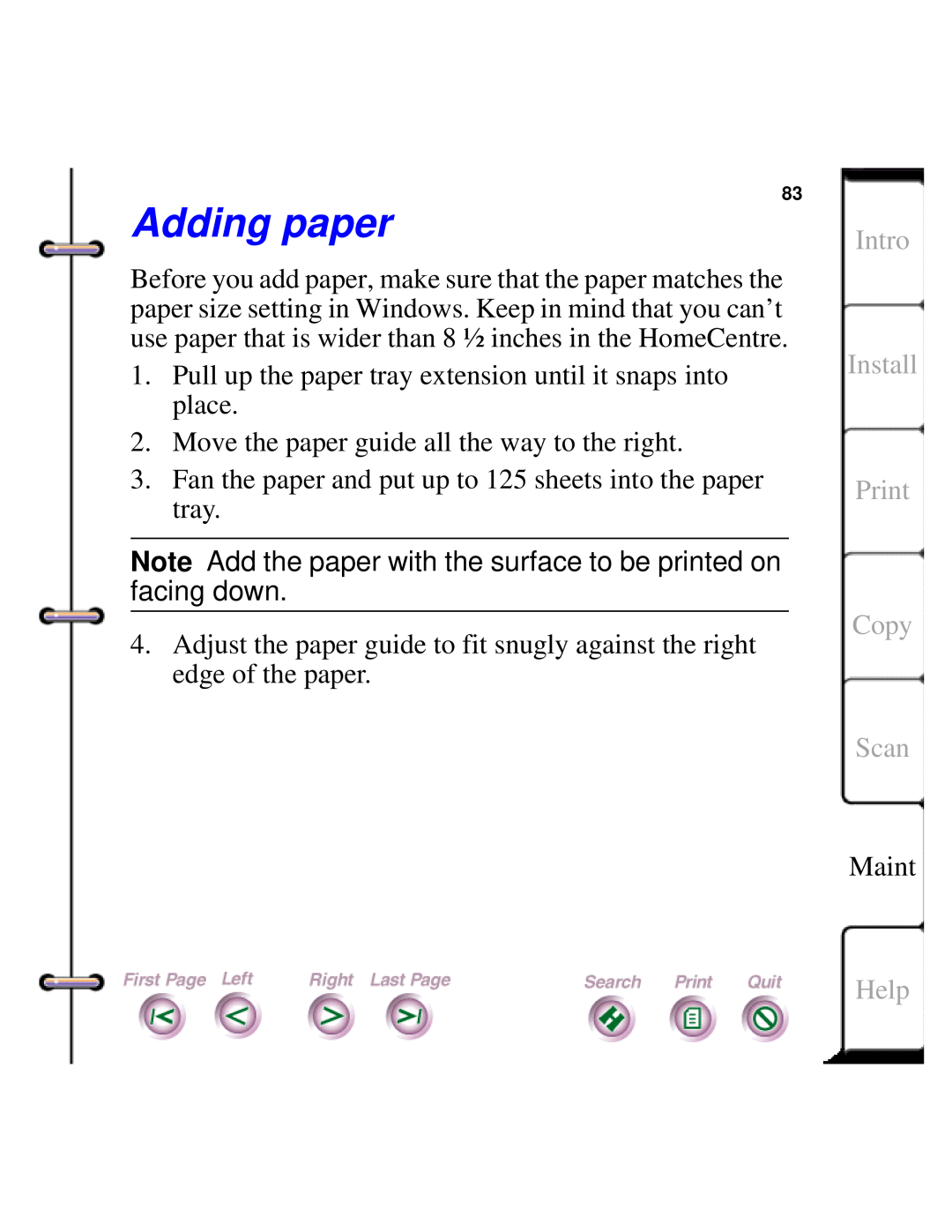 Xerox Document HomeCentre manual Adding paper, Intro Install Print Copy Scan, Help 