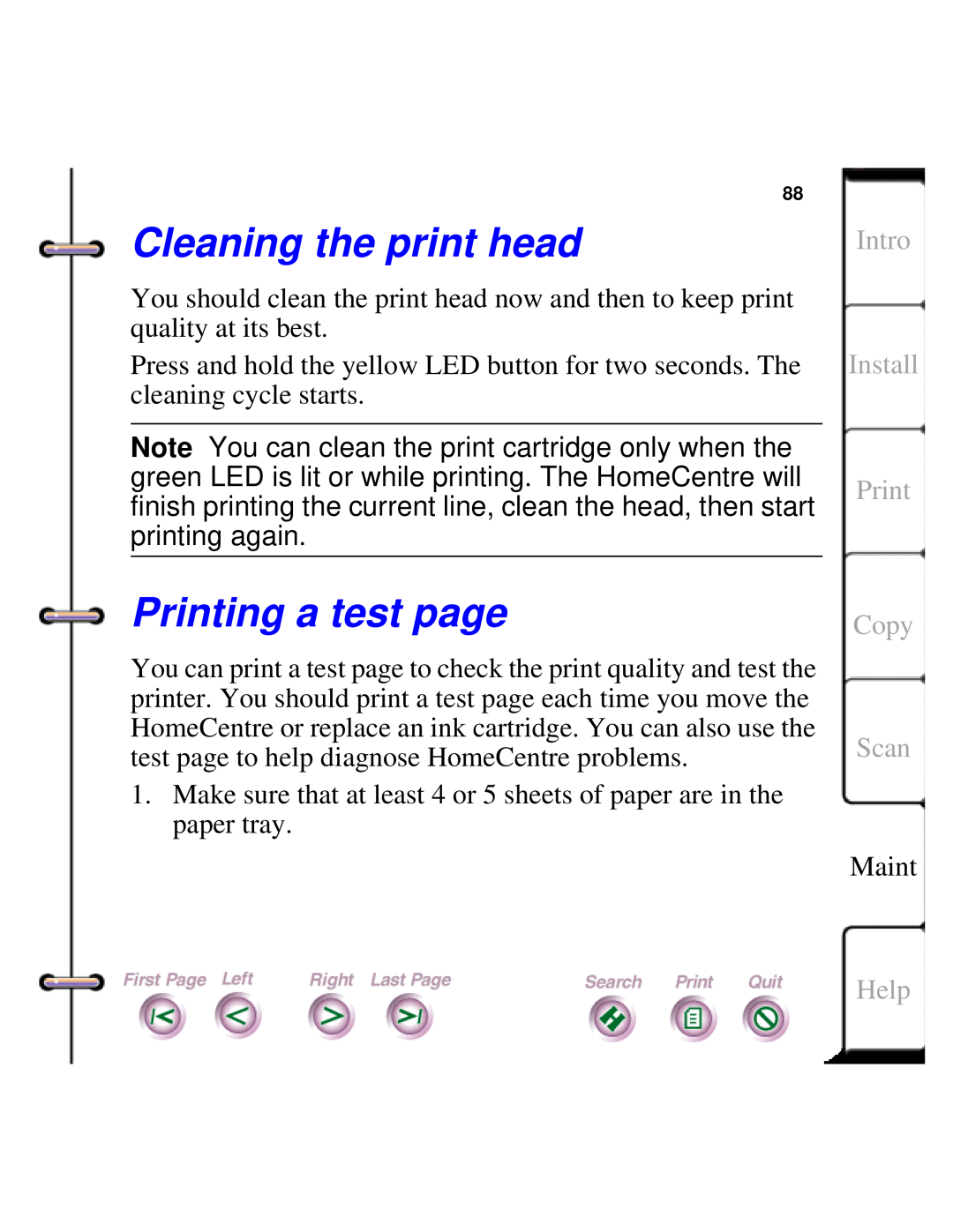 Xerox Document HomeCentre manual Cleaning the print head, Printing a test page, Intro Install Print Copy Scan, Help 