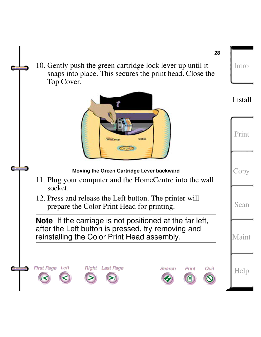 Xerox Document HomeCentre manual Moving the Green Cartridge Lever backward 