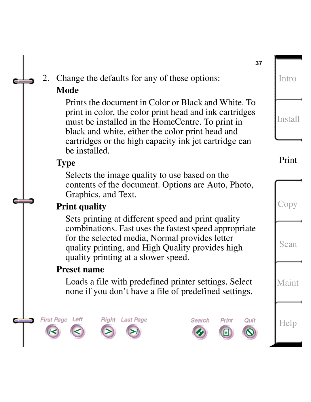 Xerox Document HomeCentre manual Mode, Type, Print quality, Preset name 