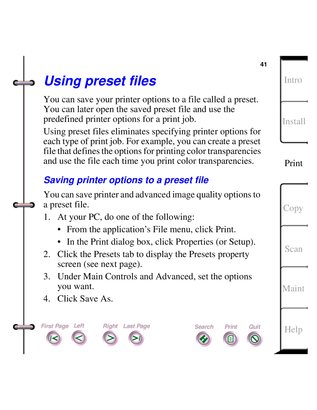 Xerox Document HomeCentre manual Using preset files, Saving printer options to a preset file 