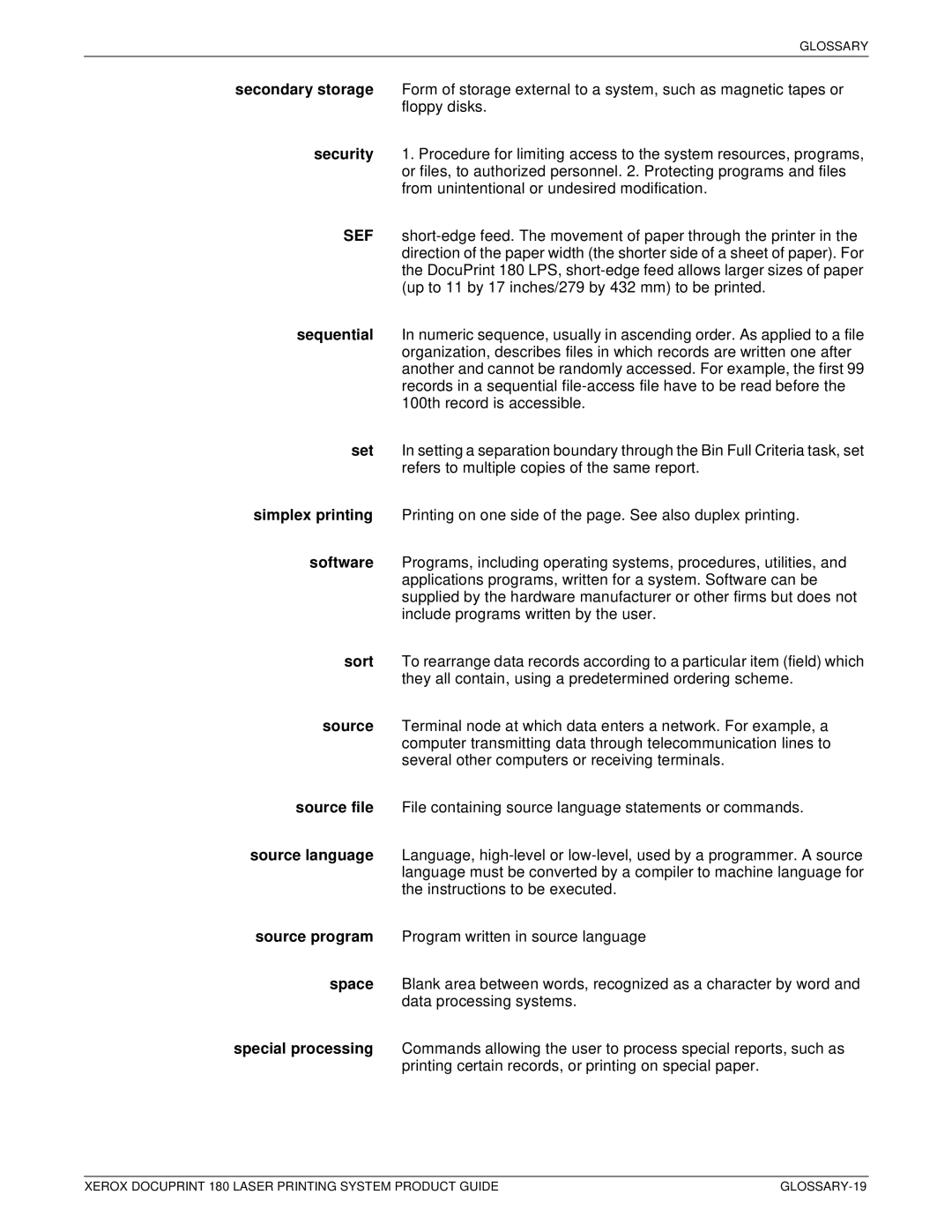 Xerox DocuPrint 180 manual GLOSSARY-19 